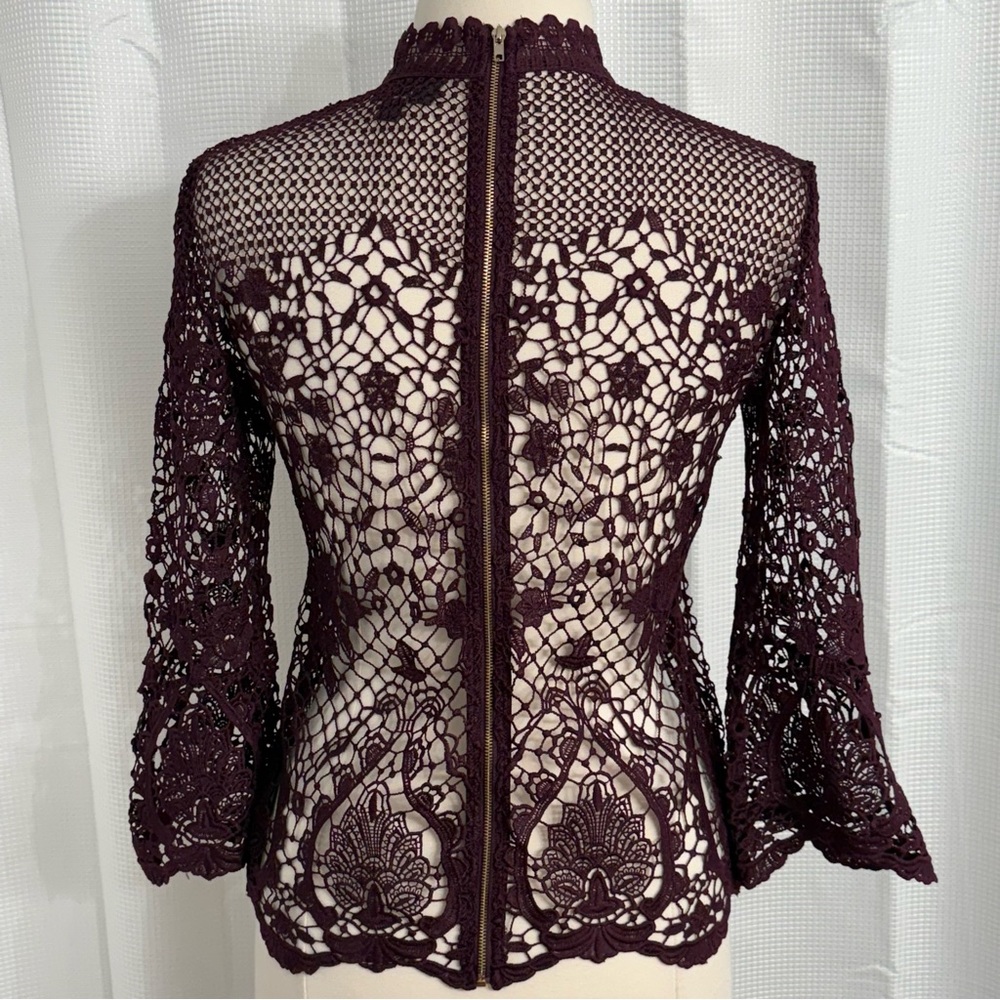 Bold Elements Cut to Curve 3/4 Bell Sleeves Lace Blouse Back Zipper Purple Sz S - Picture 6 of 6